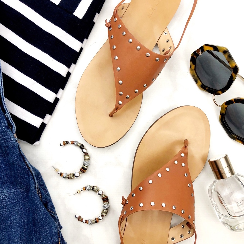 J. Crew Cognac Studded Ankle Tie Thong Sandals
